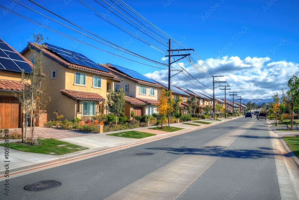 Photo of residential street with houses featuring solar panels on rooftops, suitable for use in environmental or sustainable living related content Photo of residential street with houses featuring solar panels on rooftops, suitable for use in environmental or sustainable living related content