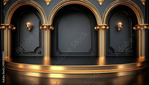 Black and Gold Architectural Podium with Three Arched Openings