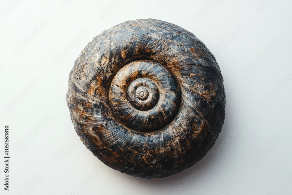 Close-up view of a snail shell on a white surface Close-up view of a snail shell on a white surface