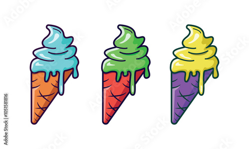 Melting ice cream with waffle cone isolated on white background. Blue, green, yellow ice cream cartoon vector illustration.