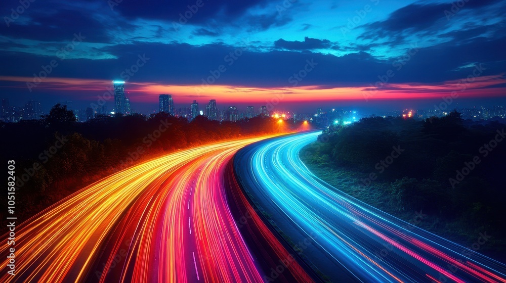 Night scene of a highway illuminated by vibrant streaks of car lights. Night scene of a highway illuminated by vibrant streaks of car lights.