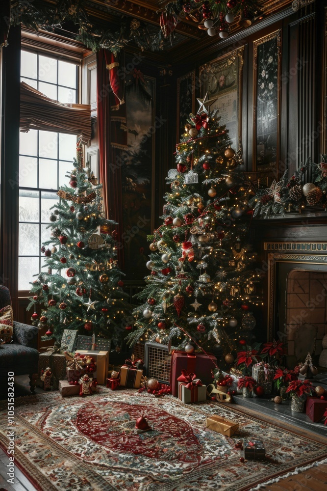 Cozy Christmas scene with decorated tree and wrapped presents in a warm living room Cozy Christmas scene with decorated tree and wrapped presents in a warm living room