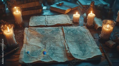 Open scrolls and quills on an ancient wooden desk, surrounded by candles and old maps depicting forgotten lands. photo