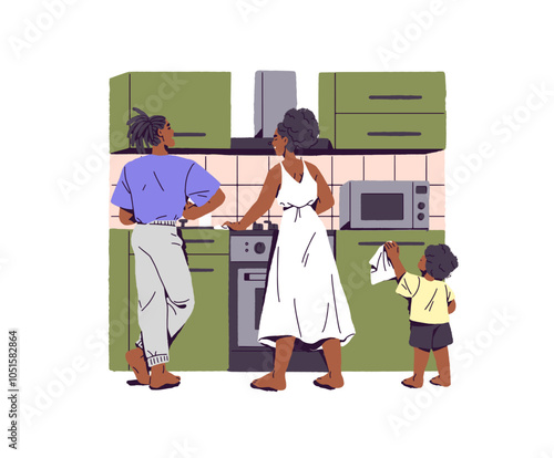 Happy family cooking together back view. Kid helps parents with housekeeping. Mother, father and child prepare food in kitchen. People housework. Flat isolated vector illustration on white background