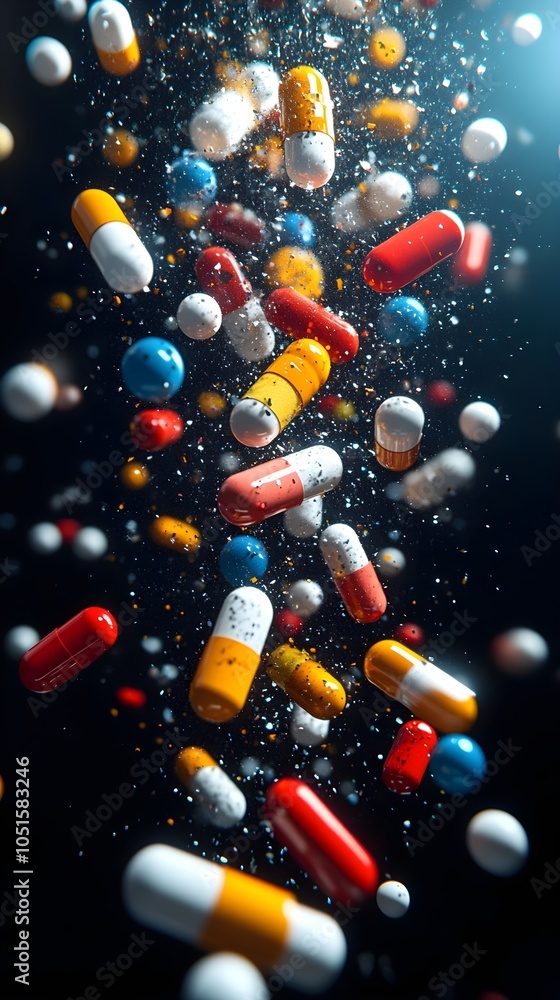 A group of colorful pill capsules falling. Healthcare and medical A group of colorful pill capsules falling. Healthcare and medical