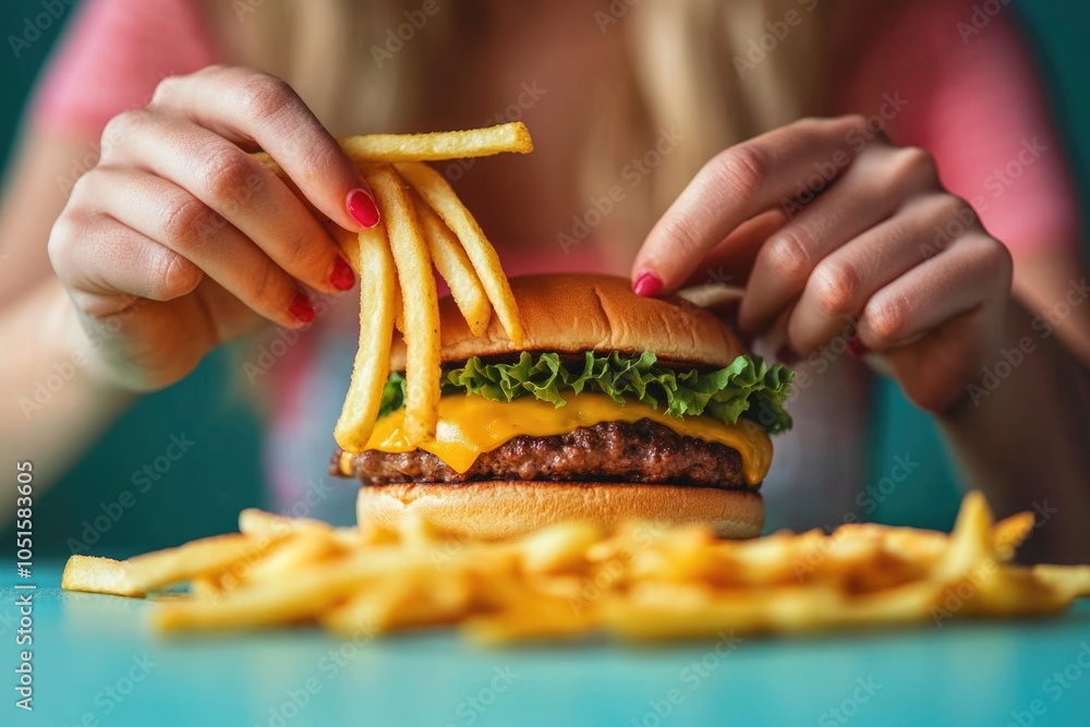 A person enjoying a meal of cheeseburger and French fries A person enjoying a meal of cheeseburger and French fries