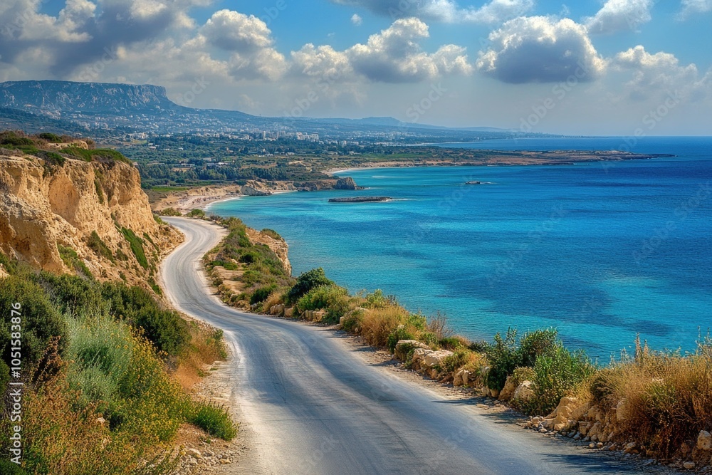 A scenic road winds its way down a hill overlooking the ocean A scenic road winds its way down a hill overlooking the ocean