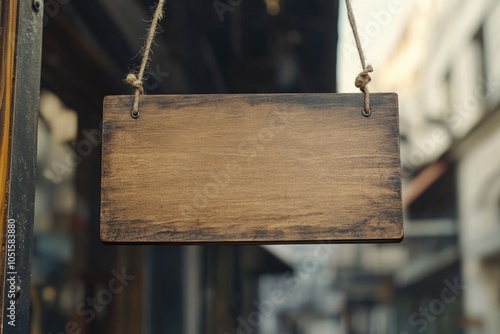 A wooden sign hanging from the side of a building, providing directions or information photo