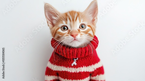 Adorable kitten in cozy red striped sweater photo