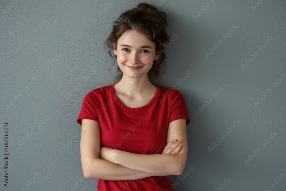 A woman stands with her arms crossed wearing a bright red shirt A woman stands with her arms crossed wearing a bright red shirt
