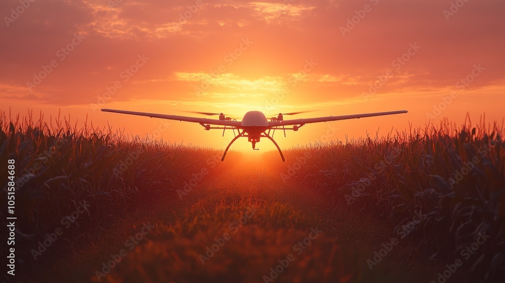 Fototapeta premium Drone flying over cornfield at sunset