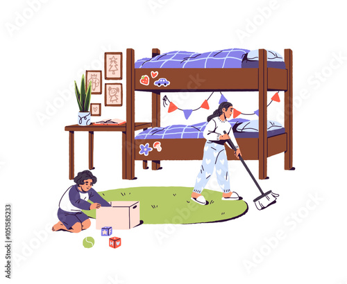 Girl sweeps floor with broom, boy collects toys into box. Sibling cleaning their nursery room together. Children do housework, housekeeping. Flat isolated vector illustration on white background