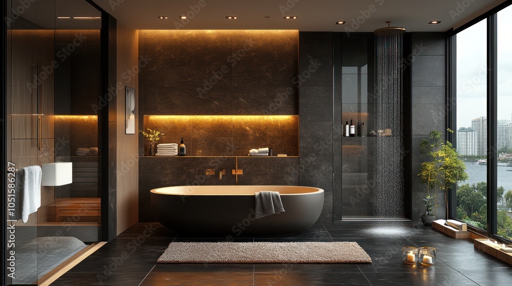 Modern bathroom with freestanding tub, shower, and city view Modern bathroom with freestanding tub, shower, and city view
