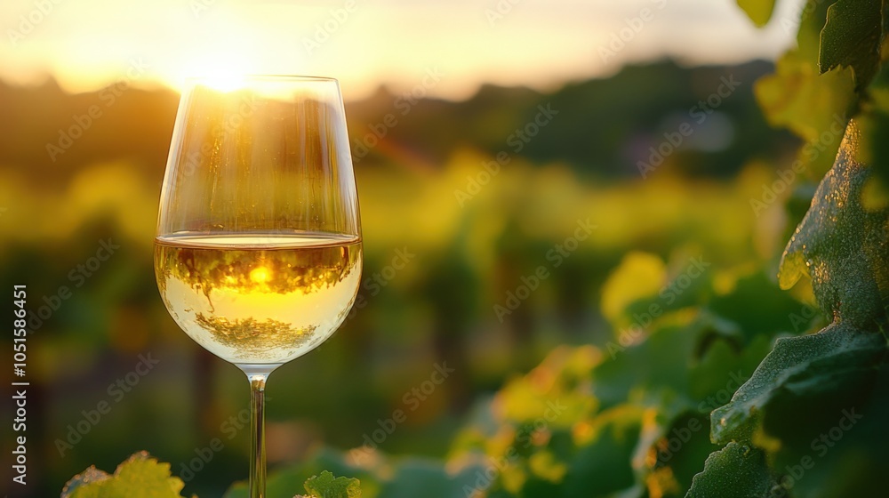 Golden Glass of White Wine in a Vineyard at Sunset Golden Glass of White Wine in a Vineyard at Sunset