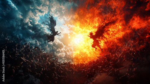 epic clash of light and darkness unfolds in dramatic scene filled with emotion