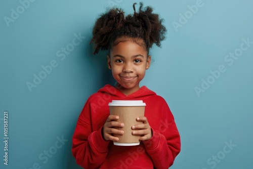 A little girl holds a cup of coffee, ready to start the day photo