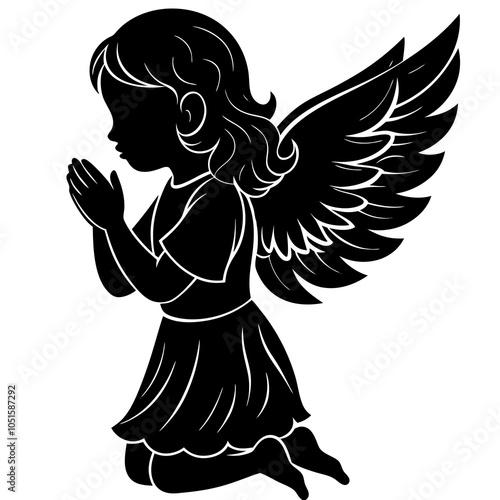 Cute little girl angel praying silhouette vector illustration on white background