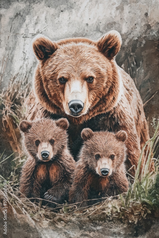 Obraz premium A mother bear holding and protecting her cubs in the wilderness