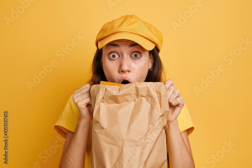 A person caught in the act of sneezing, using a brown paper bag to muffle their nose and mouth