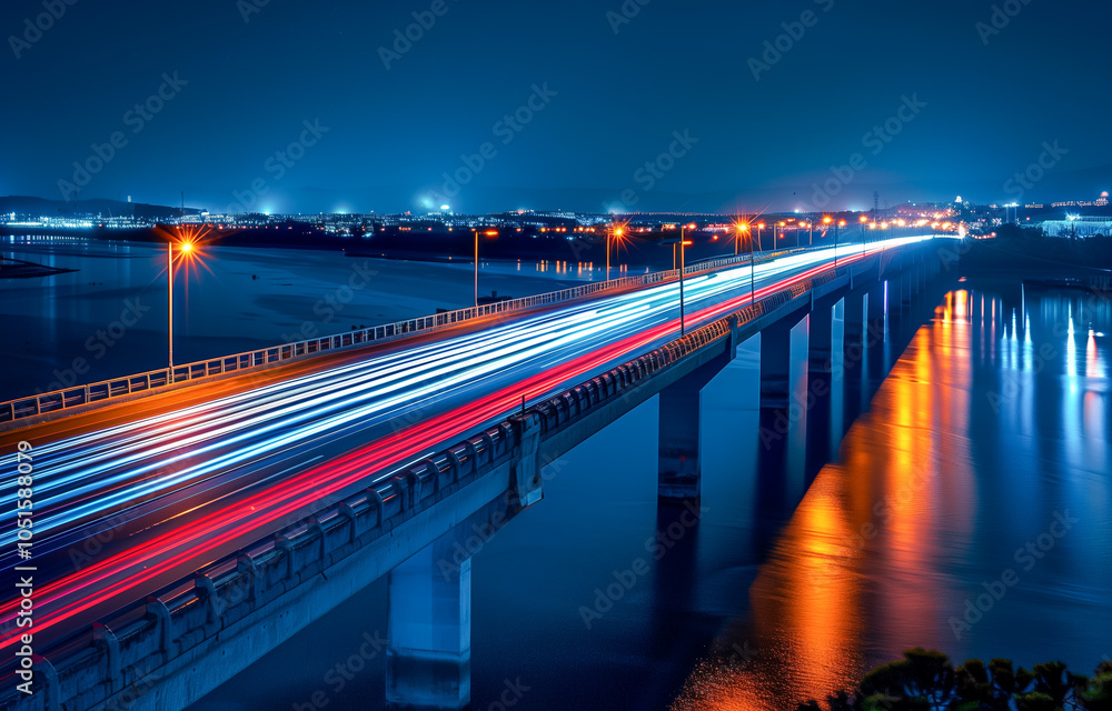 Long exposure of light trails on bridge over river at night Long exposure of light trails on bridge over river at night