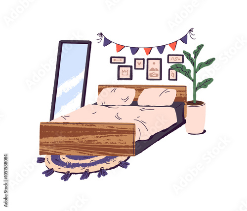 Comfortable double bed with pillows in room. Modern bedroom with mirror, houseplant, photos on wall. Cozy interior design with home decors. Flat isolated vector illustration on white background