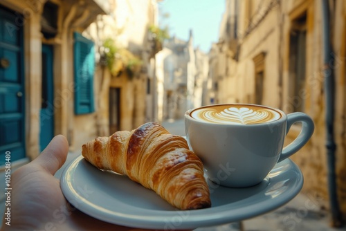 A warm cup of coffee paired with a flaky croissant on a plate, perfect for breakfast or brunch