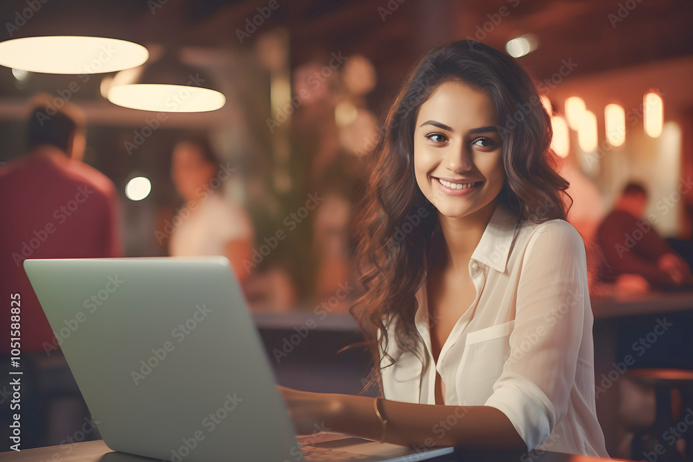 Fototapeta premium Smiling business woman using a laptop on a city at night