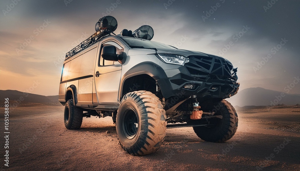 Big futuristic cyber camper offroad van in desert Big futuristic cyber camper offroad van in desert