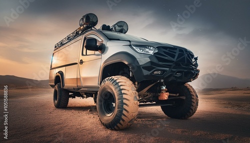 Big futuristic cyber camper offroad van in desert