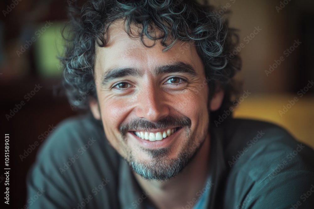A smiling man with curly hair and a beard, looking friendly and approachable A smiling man with curly hair and a beard, looking friendly and approachable