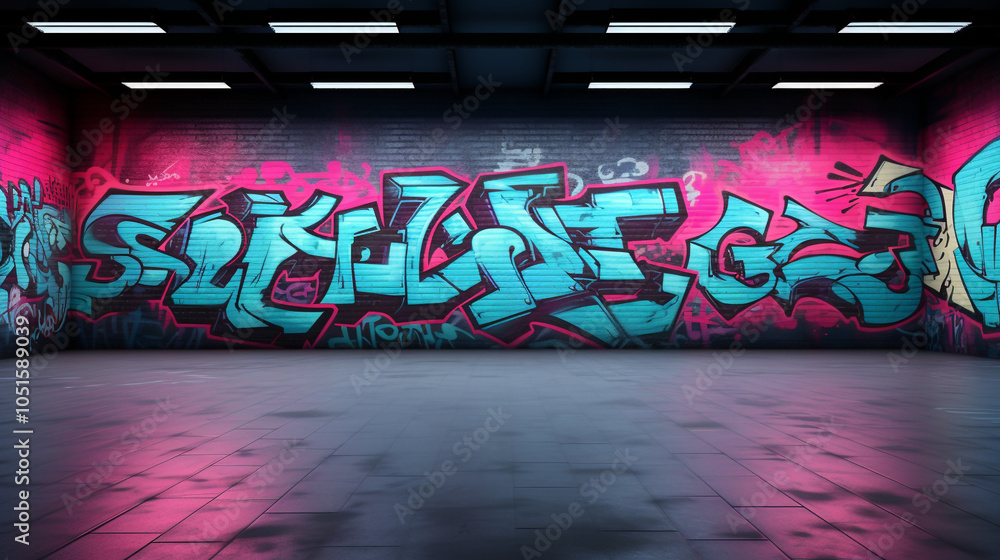 Naklejka premium Colorful graffiti wall in urban underground space with neon lighting