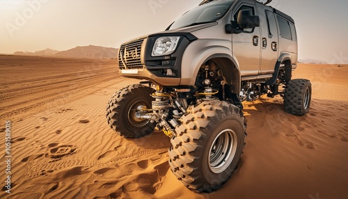 Big futuristic cyber camper offroad van in desert