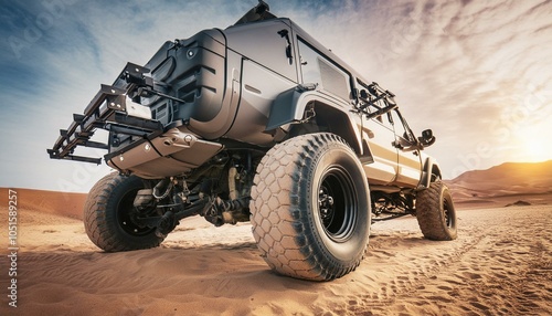 Big futuristic cyber camper offroad van in desert