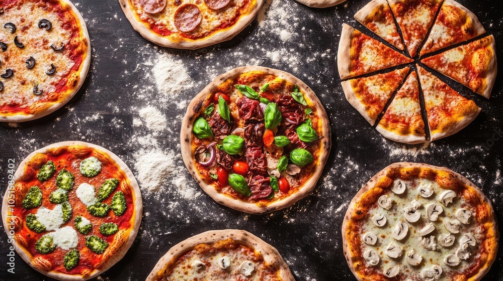 Variety of freshly made pizzas arranged on a dark surface with flour. Variety of freshly made pizzas arranged on a dark surface with flour.