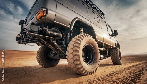 Big futuristic cyber camper offroad van in desert