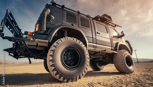 Big futuristic cyber camper offroad van in desert