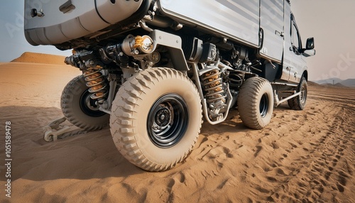 Big futuristic cyber camper offroad van in desert