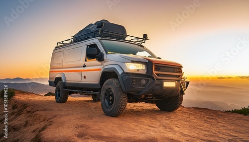 Big futuristic cyber camper offroad van in desert