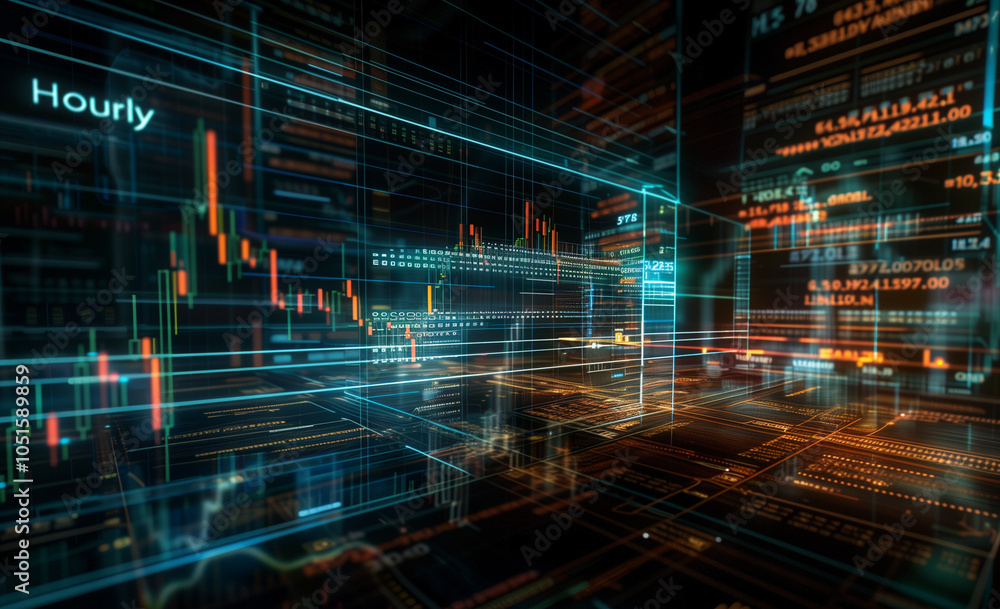 Obraz premium A stock market graph with candlestick charts, displaying financial data and numbers on an abstract background