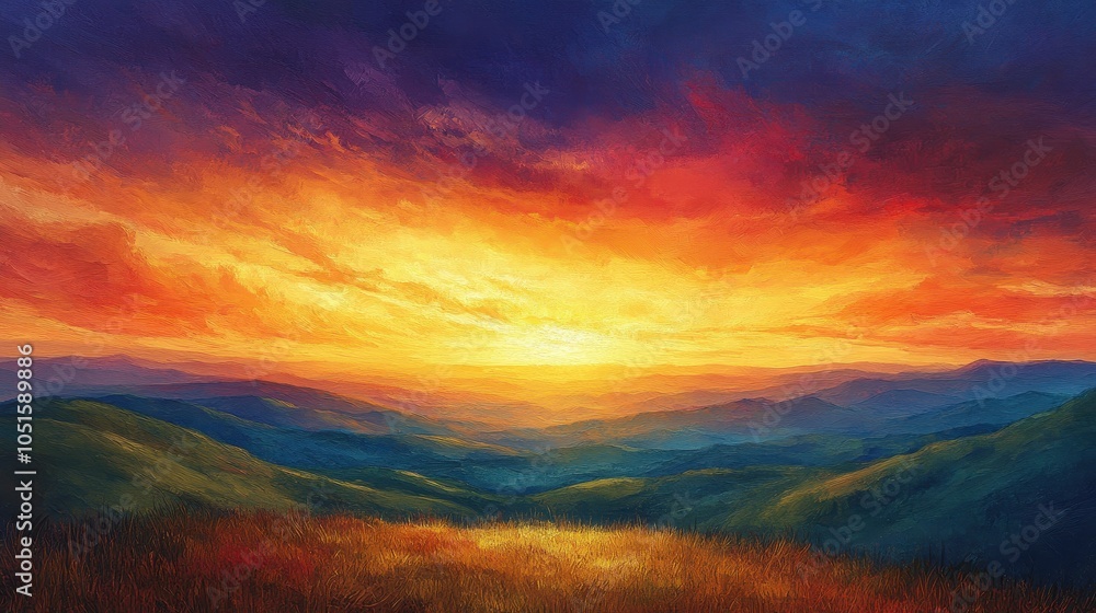Obraz premium Radiant sunset casting a golden glow over rolling hills, with wispy clouds adding texture to the colorful sky.