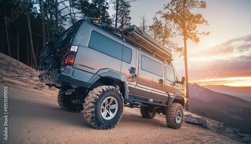 Big futuristic cyber camper offroad van in desert