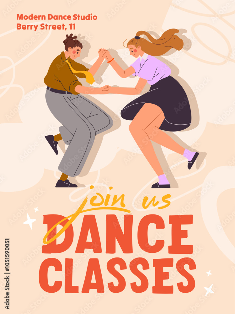 Obraz premium Dancing master class event poster design. Promotion template of music performance from young artists. Advertising of lindy hop, twist, jazz lessons in school of dancers. Flat vector illustration