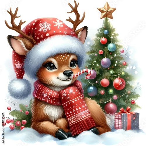 Deer with the Christmas tree and Christmas socks in cap. Watercolor illustration.