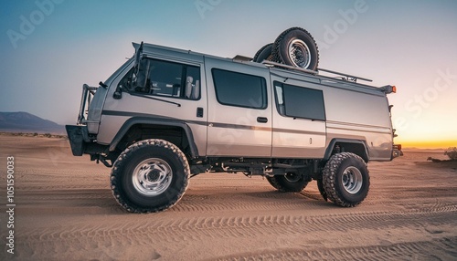 Big futuristic cyber camper offroad van in desert