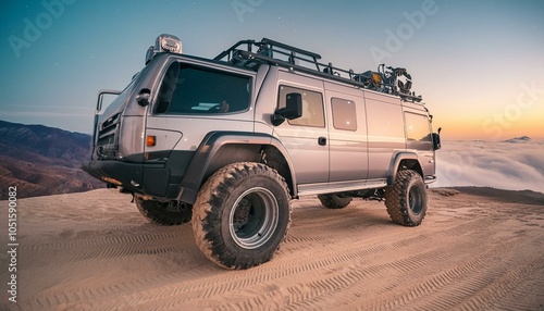 Big futuristic cyber camper offroad van in desert