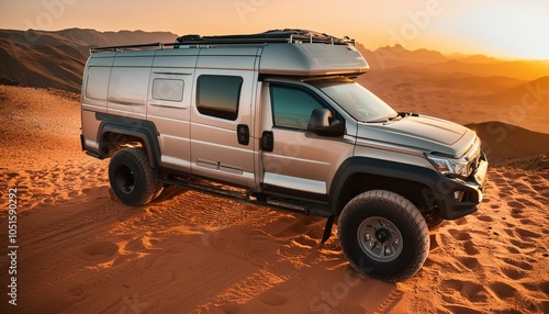 Big futuristic cyber camper offroad van in desert