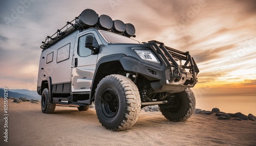Big futuristic cyber camper offroad van in desert