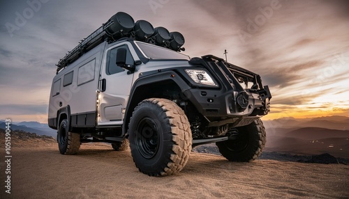 Big futuristic cyber camper offroad van in desert