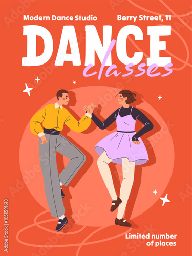 Design of promotion of danser's school. Dancing master class event poster. Advertising template of music performance or lindy hop, twist, jazz, tap, step lessons in studio. Flat vector illustration