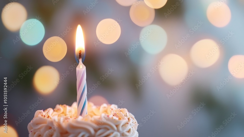 A single birthday candle with a flame, sitting on a frosted cupcake, with bokeh lights in the background. A single birthday candle with a flame, sitting on a frosted cupcake, with bokeh lights in the background.